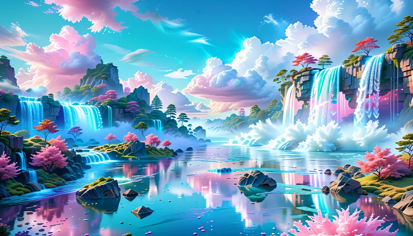 A Masterpiece In 32K Resolution: Supreme Quality, Super Detail, Official Art, Very High-Resolution 32K Wallpaper, Beautiful And Aesthetic, Ultra-Detailed Features, Awe-Inspiring Detail. Visualize A Captivating Realm Steeped In Romantic Dreams, Where Reality Merges With Fantasy. The Landscape Features Intricately Designed Floating Islands, Adorned With Fluffy Clouds And Shimmering Waterfalls That Cascade Gracefully From Their Edges. The Atmosphere Radiates A Vibrant, Surreal Quality, Enveloping Viewers In A Sense Of Wonder And Tranquility. Rich Shades Of Pink Dominate The Scene, Harmoniously Blended With An Array Of Vibrant Jewel Tones, Creating A Mesmerizing Palette. This Anime-Style Illustration Will Boast Soft Lines And Pastel Colors, Infused With A Whimsical Charm. Each Building Is Exquisitely Detailed And Elegant, Reflecting The Ethereal Beauty Of This Dreamlike Realm. The Artwork Should Evoke A Feeling Of Harmony, Offering An Escape From The Mundane World. Incorporate Crystalline Teal Waters, Colorful Watercolor Skies, And Glowing Elements That Illuminate The Landscape. Delve Into A Myriad Of Small Fantasy Details, Such As Iridescent Accents And Expertly Crafted Majestic Vistas, Sprinkled With Shimmer And Glimmer. Above All, This Piece Should Embody The Essence Of Fantasy Art, Inviting Viewers Into A Mesmerizing Escape.