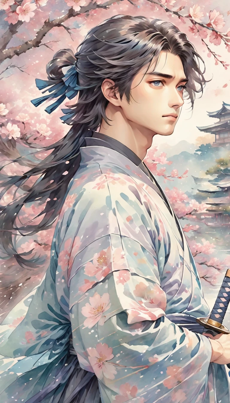 A young, handsome Japanese samurai with long, flowing black hair, depicted in a pastel watercolor anime style. His hair sways gently in the breeze, giving him a soft, introspective appearance. He is dressed in a dark haori and hakama, with subtle samurai armor details beneath, while his hand rests lightly on the hilt of his katana. His expression is calm but slightly melancholic, his eyes reflecting both strength and sadness. The background features soft, muted pastel tones of pinks, blues, and purples, with cherry blossom petals falling gently around him. The watercolor effect uses soft, flowing colors to create a serene and emotional atmosphere, evoking a sense of nostalgia and quiet reflection