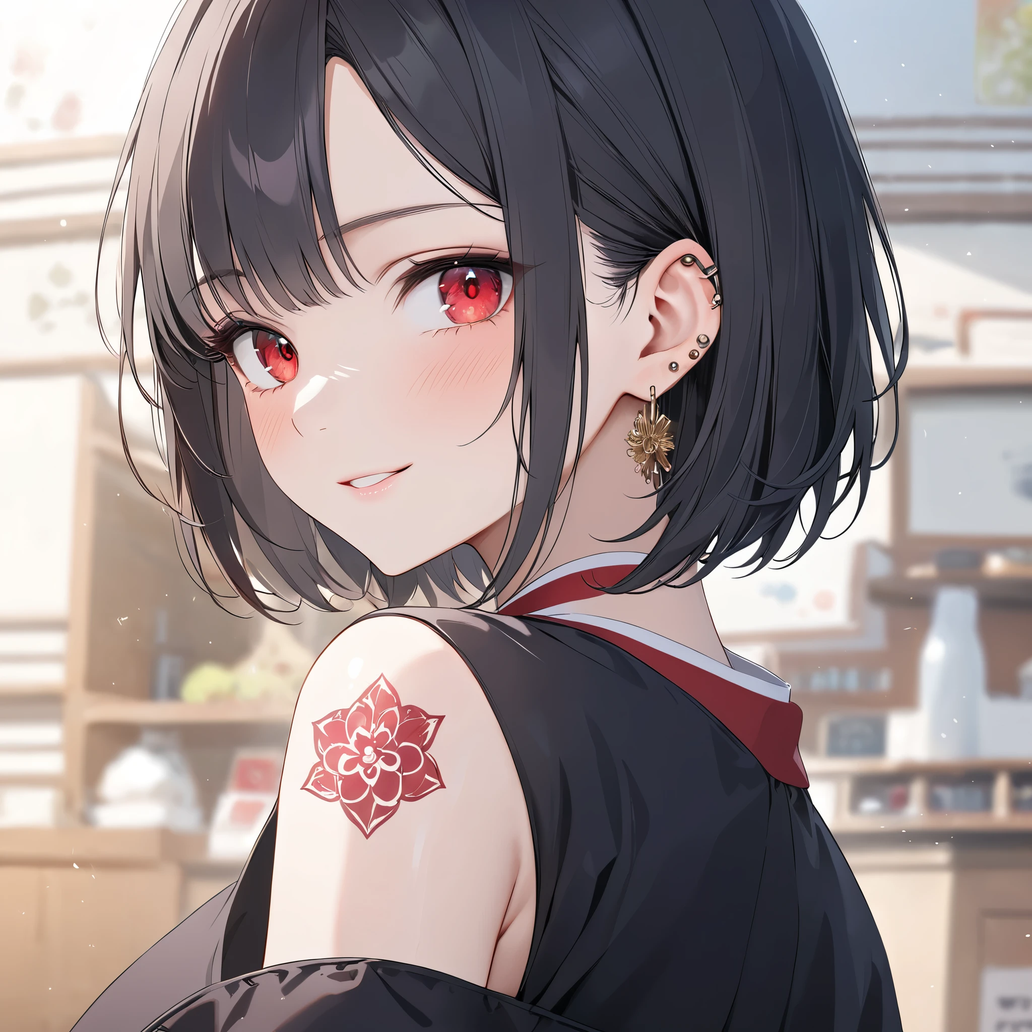 solo, 1female\(beauty, short bob, black hair, bangs,(red eye shadow:1.5), slit eyes, dark eyes, fashion model pose, fashion model smile, cheek\((red tatoo:1.6)\), large breasts, black kimono with flower pattern, (((ear piercings))), tall back\), at night, festival of japan, BREAK ,quality\(masterpiece, best quality,8k,wallpaper of extremely detailed CG unit, high resolution, top-quality, top-quality real texture skin, hyper realistic, increase the resolution, RAW photos, best quality, highly detailed, the wallpaper,golden ratio\),