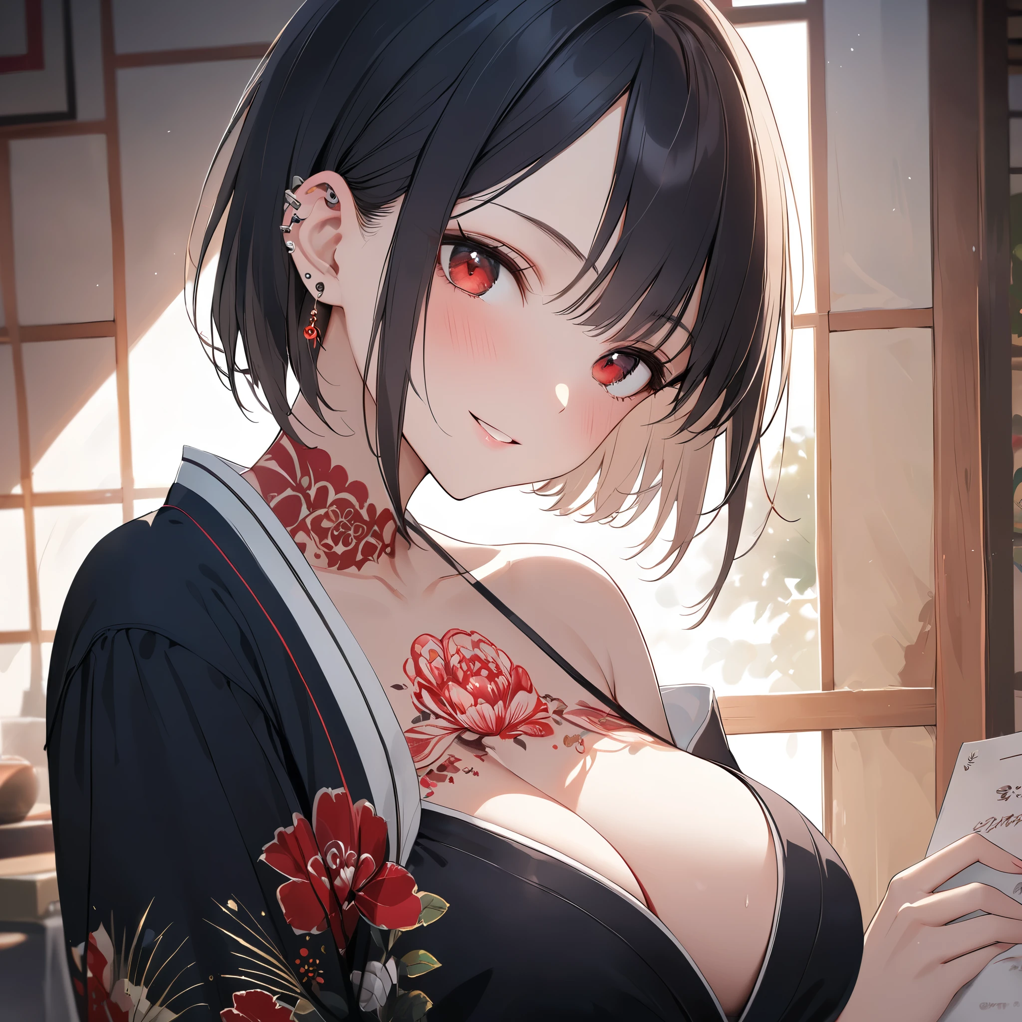 solo, 1female\(beauty, short bob, black hair, bangs,(red eye shadow:1.5), slit eyes, dark eyes, fashion model pose, fashion model smile, cheek\((red tatoo:1.6)\), large breasts, black kimono with flower pattern, (((ear piercings))), tall back\), at night, festival of japan, BREAK ,quality\(masterpiece, best quality,8k,wallpaper of extremely detailed CG unit, high resolution, top-quality, top-quality real texture skin, hyper realistic, increase the resolution, RAW photos, best quality, highly detailed, the wallpaper,golden ratio\),