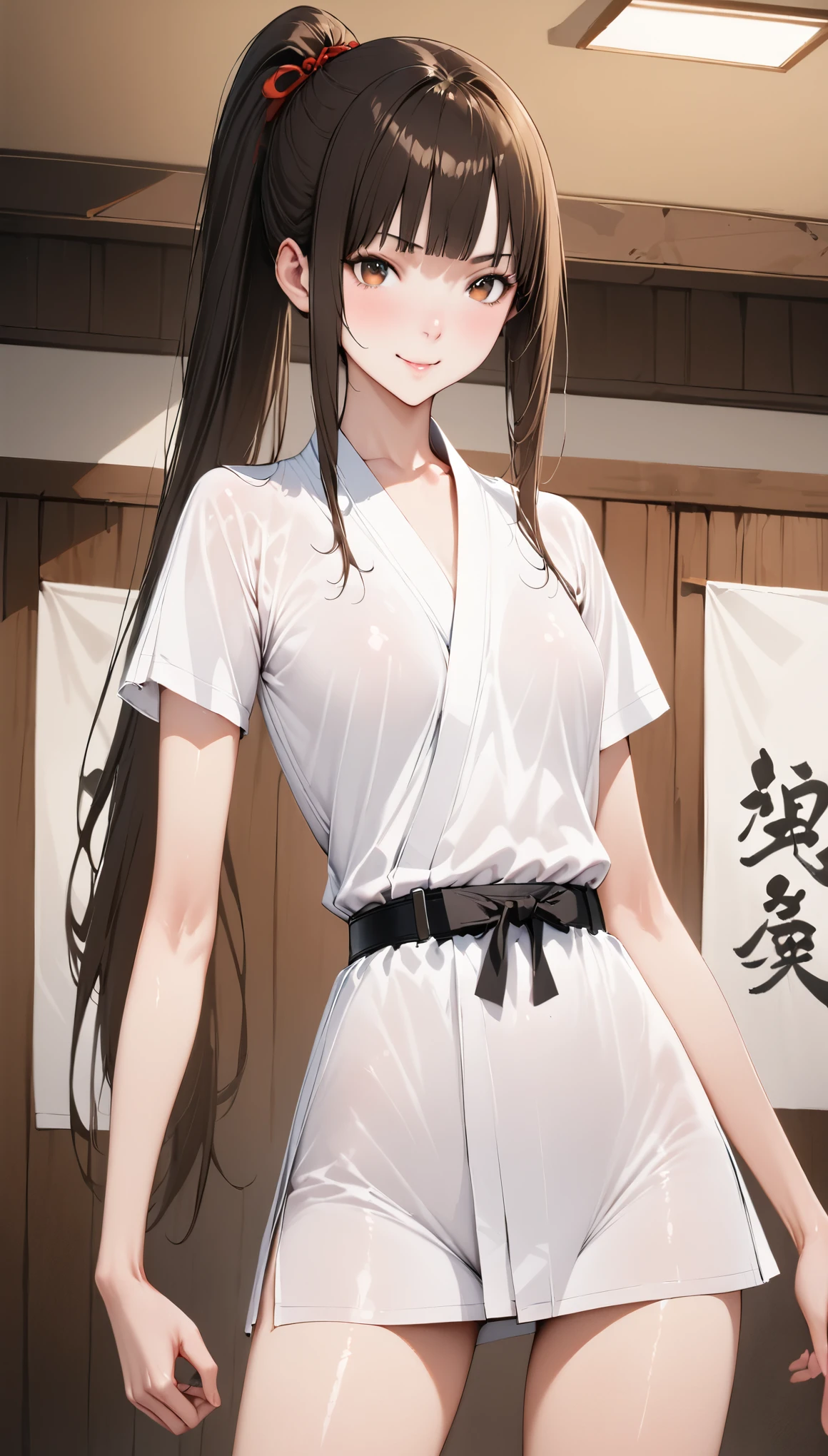 highest quality、Highest image quality、beautiful eyes、very delicate and beautiful、beautiful eyes、pink eyes、Soio、Soio、11 year old girl、Japanese、、Chiquita、Noble、primary school student、black hair、barefoot、（Judo）、(((The lower body is in a white leotard)))、（High leg）、tiara on head、smile with closed eyes、Standing, facing forward、The background is a sushi restaurant
