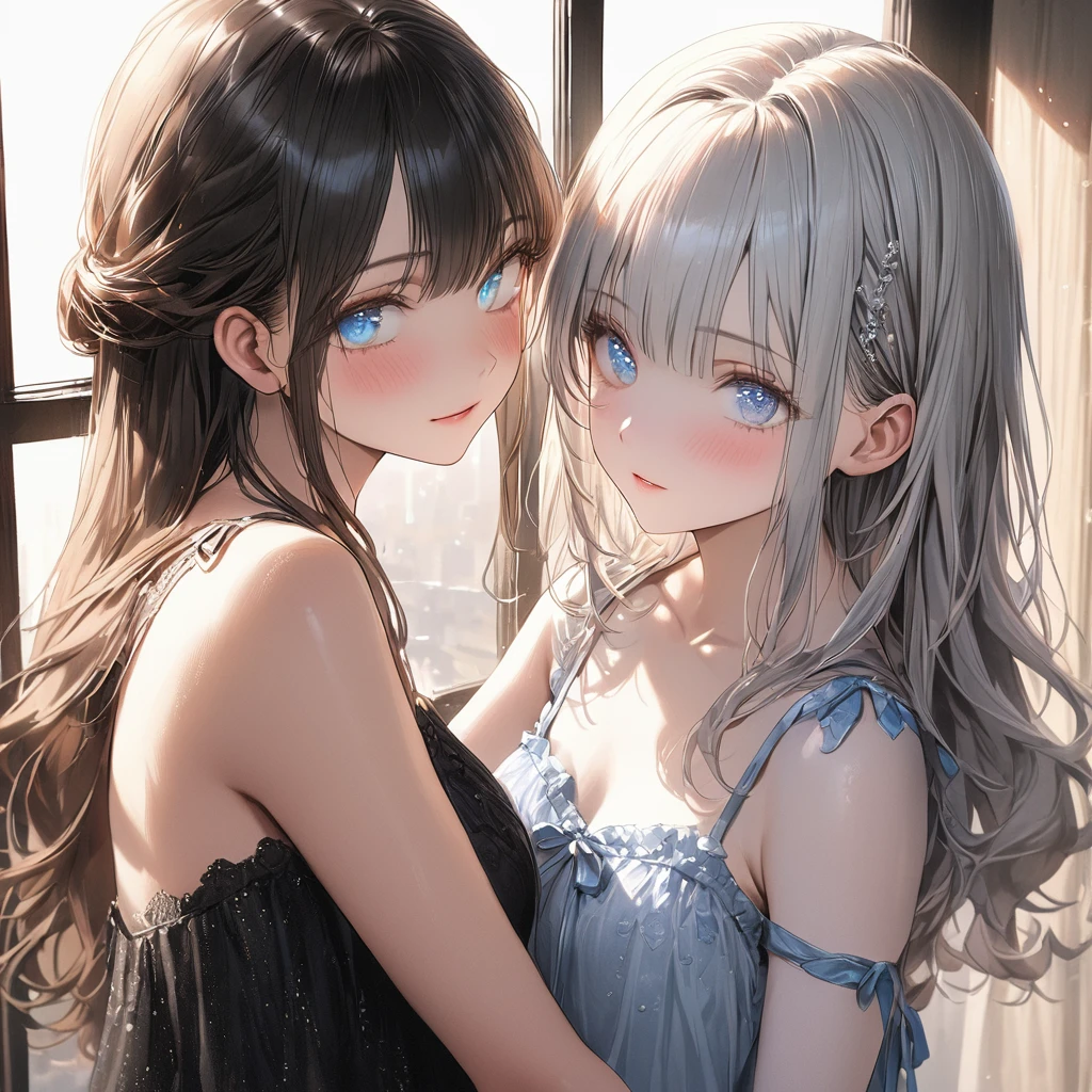 two anime twin sisters on a bed, kissing and hugging together with little hands in their laps, blue flower, blue rose, blue eyes, rose, dress, multiple girls, flower, 2girls, parted lips, white dress, bangs, long sleeves, black dress, very long hair, braid, long hair, bed sheet, black hair, hair between eyes, bare shoulders, blush, off-shoulder dress, black footwear, lying, hair flower, off shoulder, hair ornament