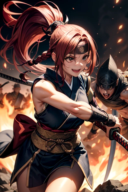 One Girl, warrior,Japanese sword,anime,Anatomically correct, A series of character actions, Ninja,ponytail, masterpiece, Textured Skin, Action Painting, Surrounded by enemies,battle,Flaming Sword,Headband,A happy look