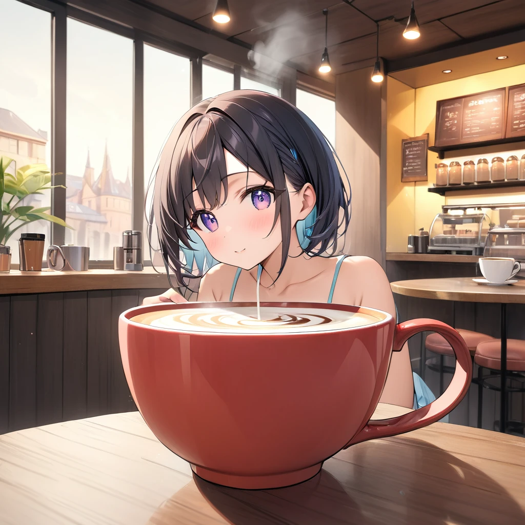 Calculating the minimum deformation, cute, One Girl, Coffee-colored skin, In a coffee cup, Pour in warm milk, Relaxing like a bath, steam, Break realistic coffee shop background, Rough