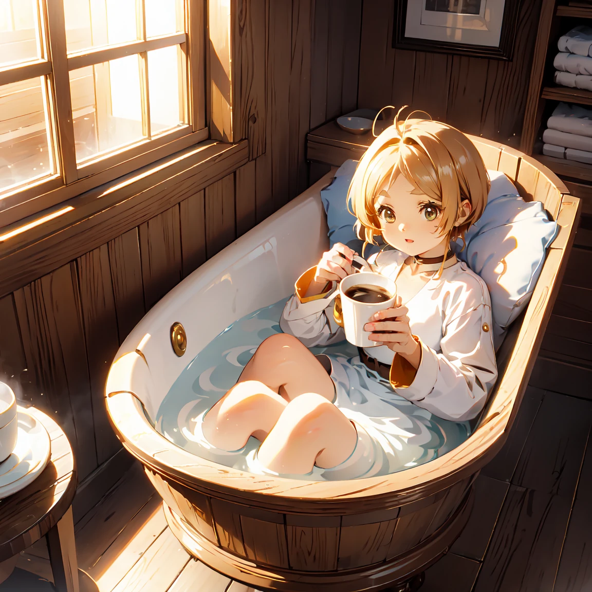 Calculating the minimum deformation, cute, One Girl, Coffee-colored skin, In a coffee cup, Pour in warm milk, Relaxing like a bath, steam, Break realistic coffee shop background, Rough