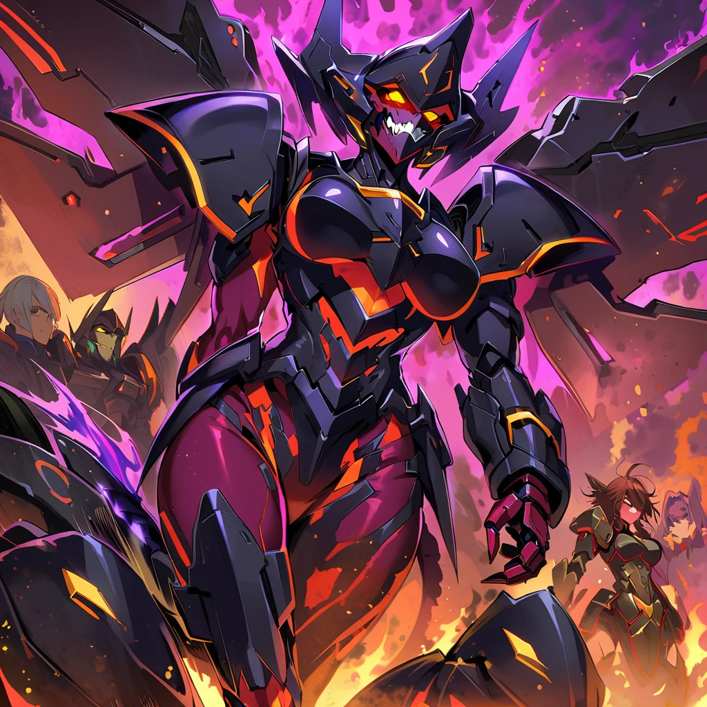 Anime, high detailed, multiple womans, mature womans, black ebony mecha armor, large mechanical wings, evil grin, large clawed Gauntlet, red skin, curvy body, long mechanical tail,black sclera、Colored sclera、crimson Colored skin、Yellow Eyes, elongated pupils,  Mature Woman、Black-purple aura、womans surrounding