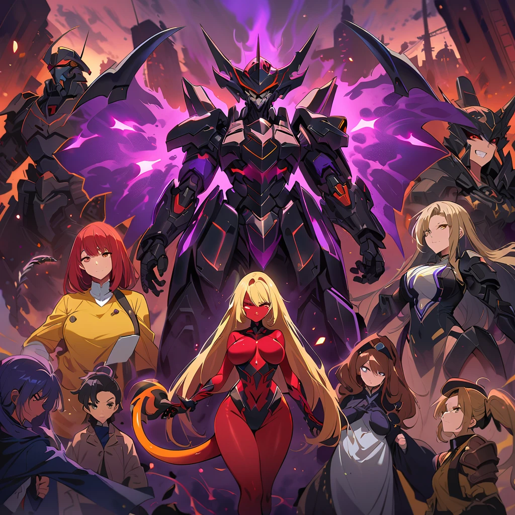 Anime, high detailed, multiple womans, mature womans, black ebony mecha armor, large mechanical wings, evil grin, large clawed Gauntlet, red skin, curvy body, long mechanical tail,black sclera、Colored sclera、crimson Colored skin、Yellow Eyes, elongated pupils,  Mature Woman、Black-purple aura、womans surrounding