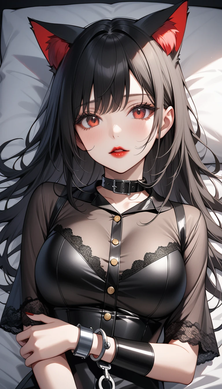 1 photo，Detailed facial details，1 girl，Cat ears，Wearing black latex lace pajamas，Black long hair，Handcuffs，Mouth wrapped with tape，Red lips，Large Breasts，Collar，Radiant Skin，darkroom，Lying in bed