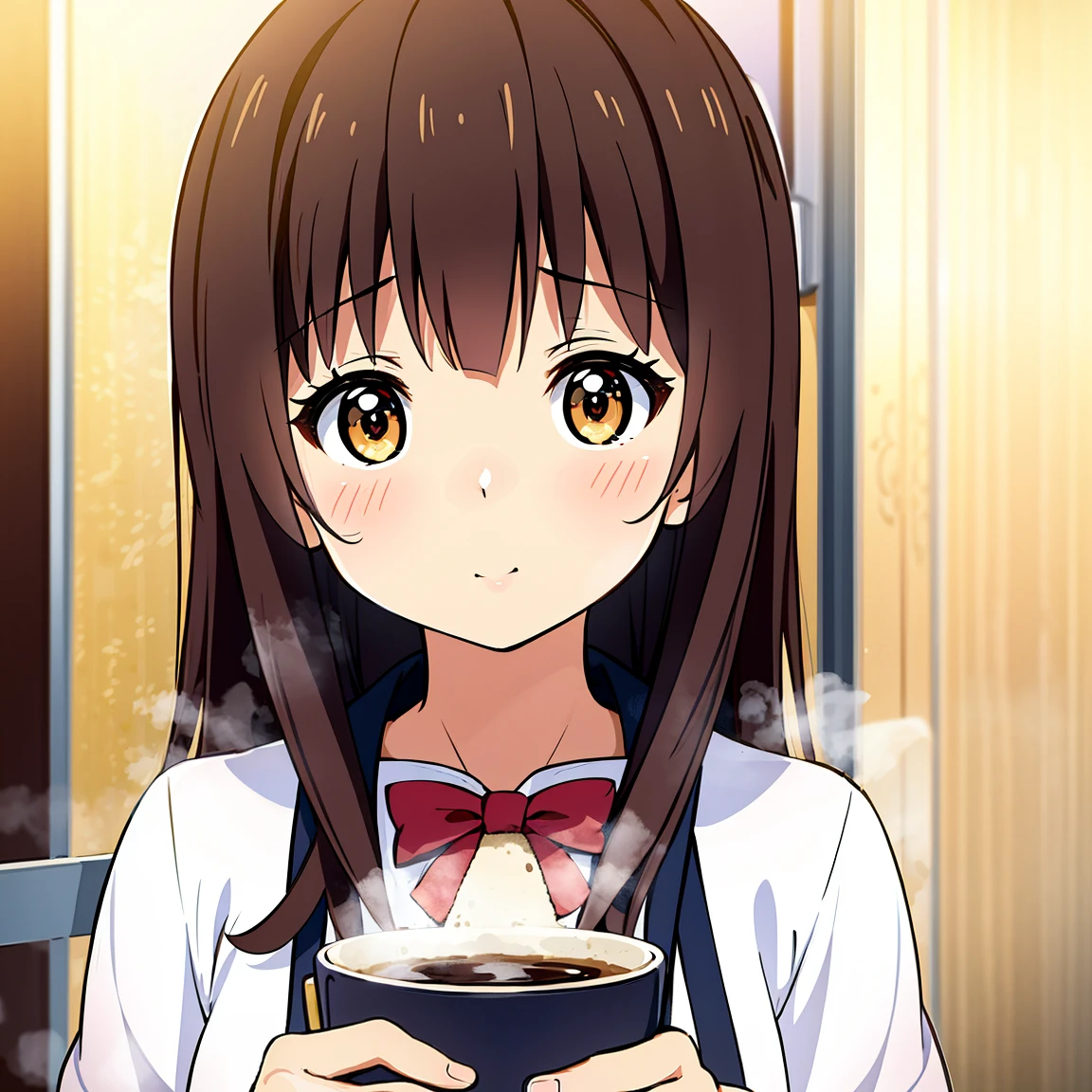 Calculating the minimum deformation, cute, One Girl, Coffee-colored skin, In a coffee cup, Pour in warm milk, Relaxing like a bath, steam, Break realistic coffee shop background, Rough