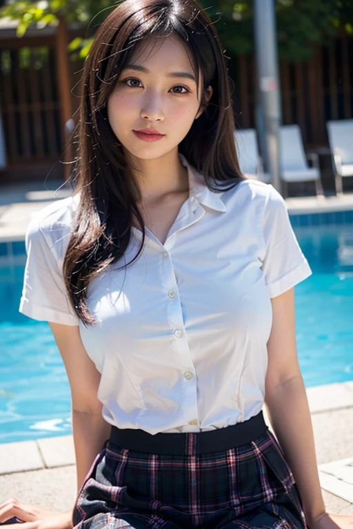 Best Quality, Face Focus, Soft light, Ultra-high resolution, (Realistic:1.4), RAW Photos, One Japanese girl, Alone, cute, (A smile of embarrassment:0.5), (Black eyes, Light in your eyes), Detailed beautiful face, (Very big breasts),(High resolution details of human skin texture), (Long black hair), break, By the pool,White open-necked uniform, Button-down shirt, Tartan Skirt