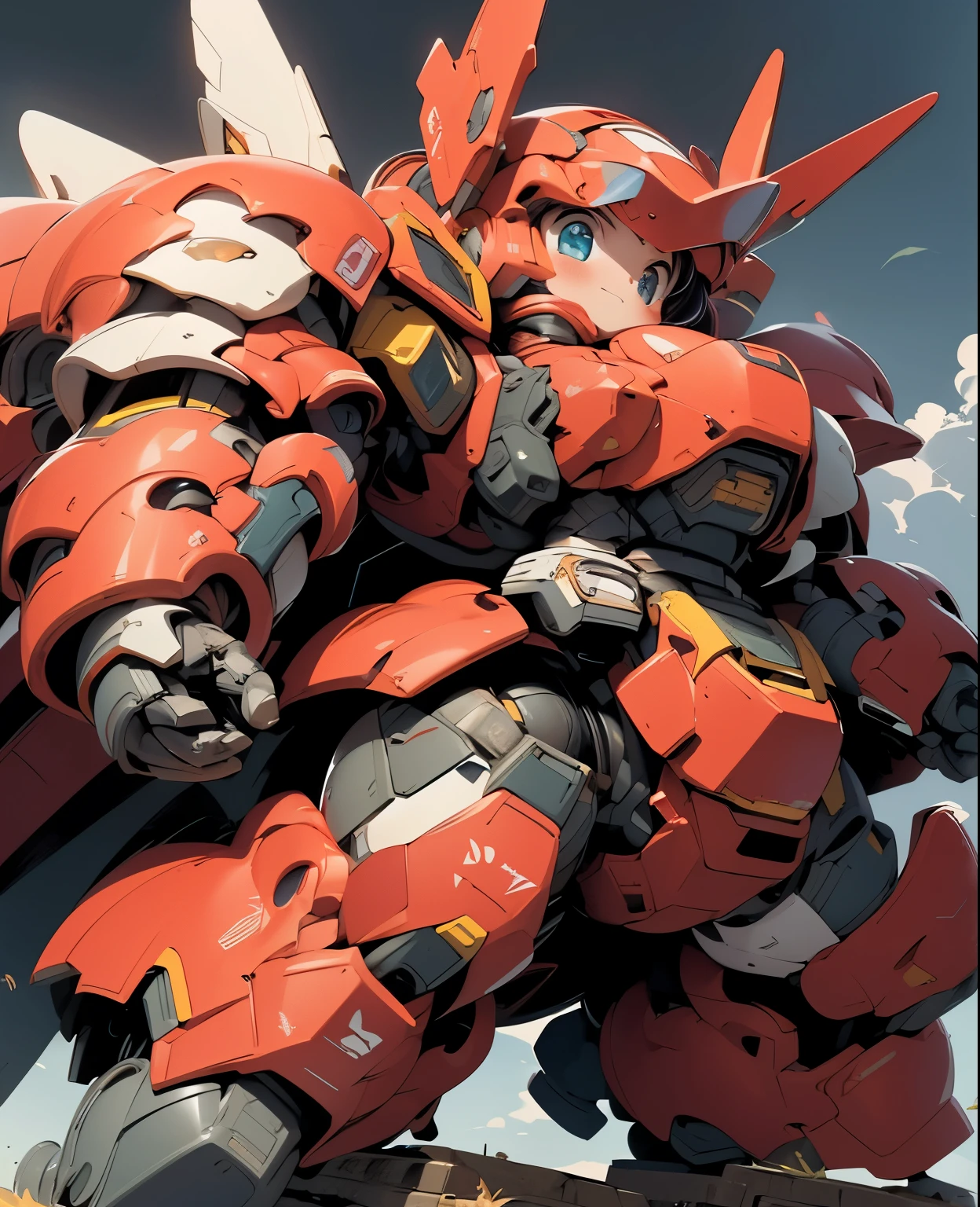 (((1 chibi girl in large red-colored robot costume, from below))), ssmile, (holding weapons), (chibi), (bulky:1.8), (((helmet:1.5))), large cute face, (((looking down:1.5))), mechanical parts, ((mechanical wings)), (full armor:1.8), (mecha armor:1.8), (shoulder guards:1.2),(huger arms), ((mechanical arms:1.5)), (short legs), (huger body:1.8), (heavy equipment:1.6), (from below), (headgear), blue sky, white clouds, robot joints, becoming a mecha, mecha, (RARS), (HRS), ROBOTANIMESTYLE, BJ_Cute_Mech,cute, girl BREAK ((masterpiece)), vibrant colors, 8k, best quality, ultra detailed illustration, ((best quality)), ((high resolution)), flawless skin textures, shiny oiled skin, extremely detailed anime eyes , extreme light and shadow