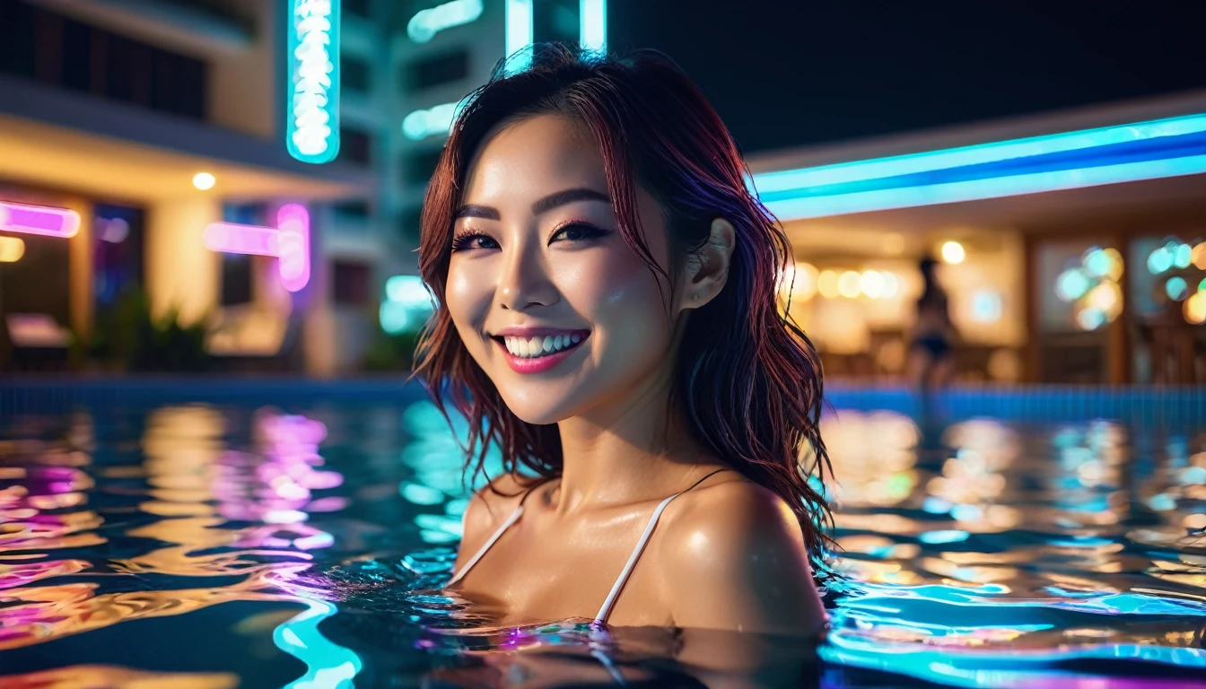 highest quality，1 female，Very large breasts, Diameter about 50cm、Tight waist，Beautiful 20 year old Japanese woman, Angle from the front of the woman，A smiling woman bathing in a hot spring with a beautiful night view，Neon lights in the background