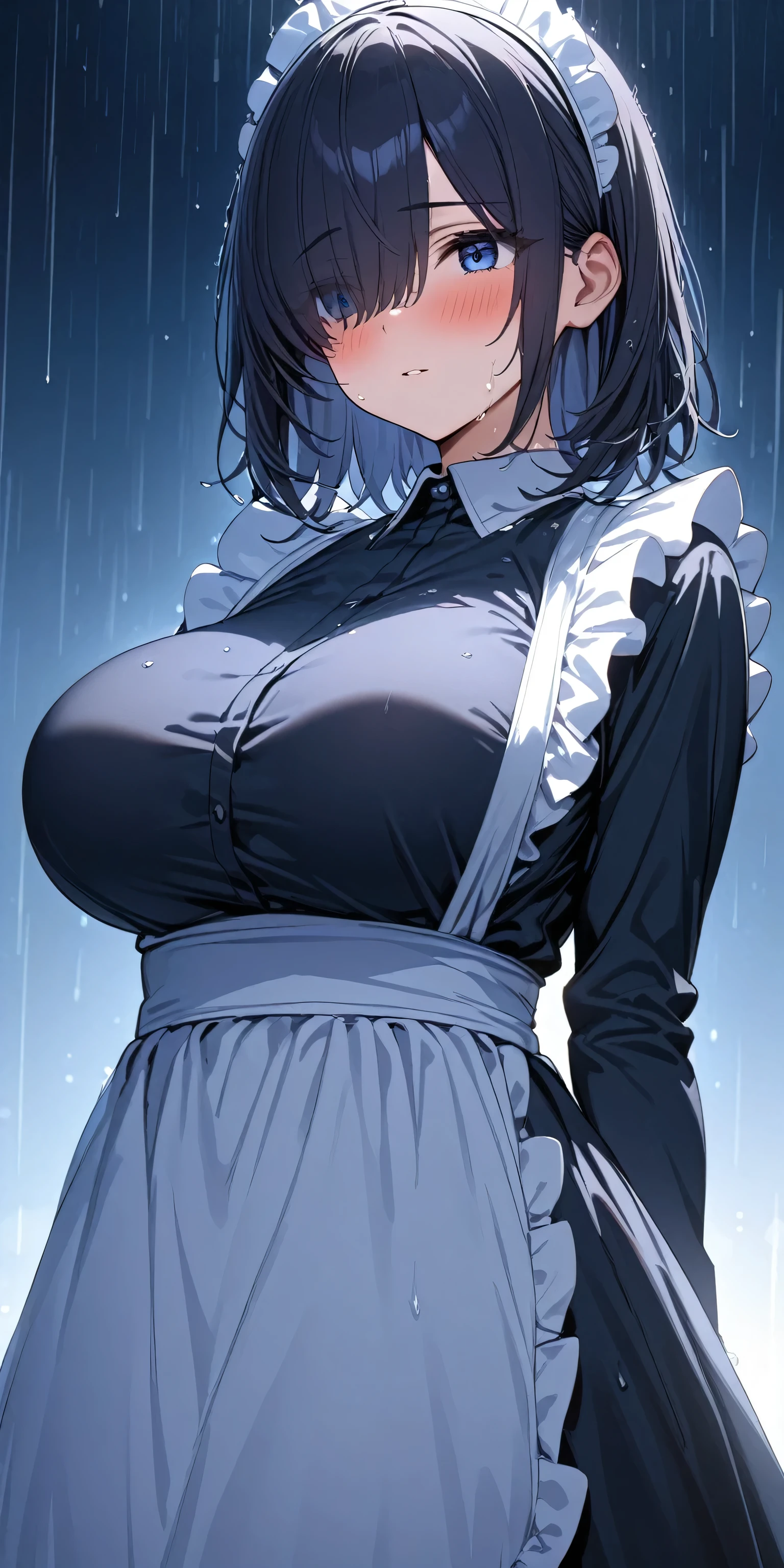 (masterpiece, Highest quality:1.2), 1girl, Black medium hair, (maid dress), growing light, ((blue eyes)), ((big breast)), light particles, long bangs, bangs, high detail, glowing light, bloom, standing, ((hair over eyes)), eyes visible through hair, back light, natural light, blush, mature, long sleeves, white background, rain, wet, dusk