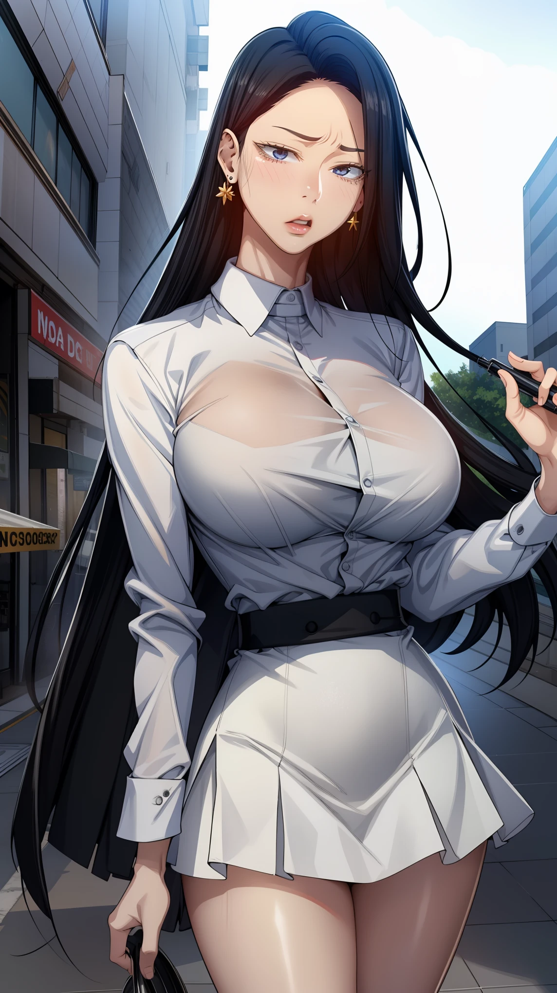 (best quality:1.5, highres, UHD, 4K, detailed lighting, shaders), black floral haired, gradient hair, large breasts, suit, white shirt, white social shirt, ehite short skirt, mature woman , (pov), white background, colorful eyeshadow, dramatic lighting, sparkling eyes, sensual expression, golden earrings, flowing hair, delicate facial features, dark skinned, high cheekbones, urban setting, white background, dont look for the camera, lean forward,