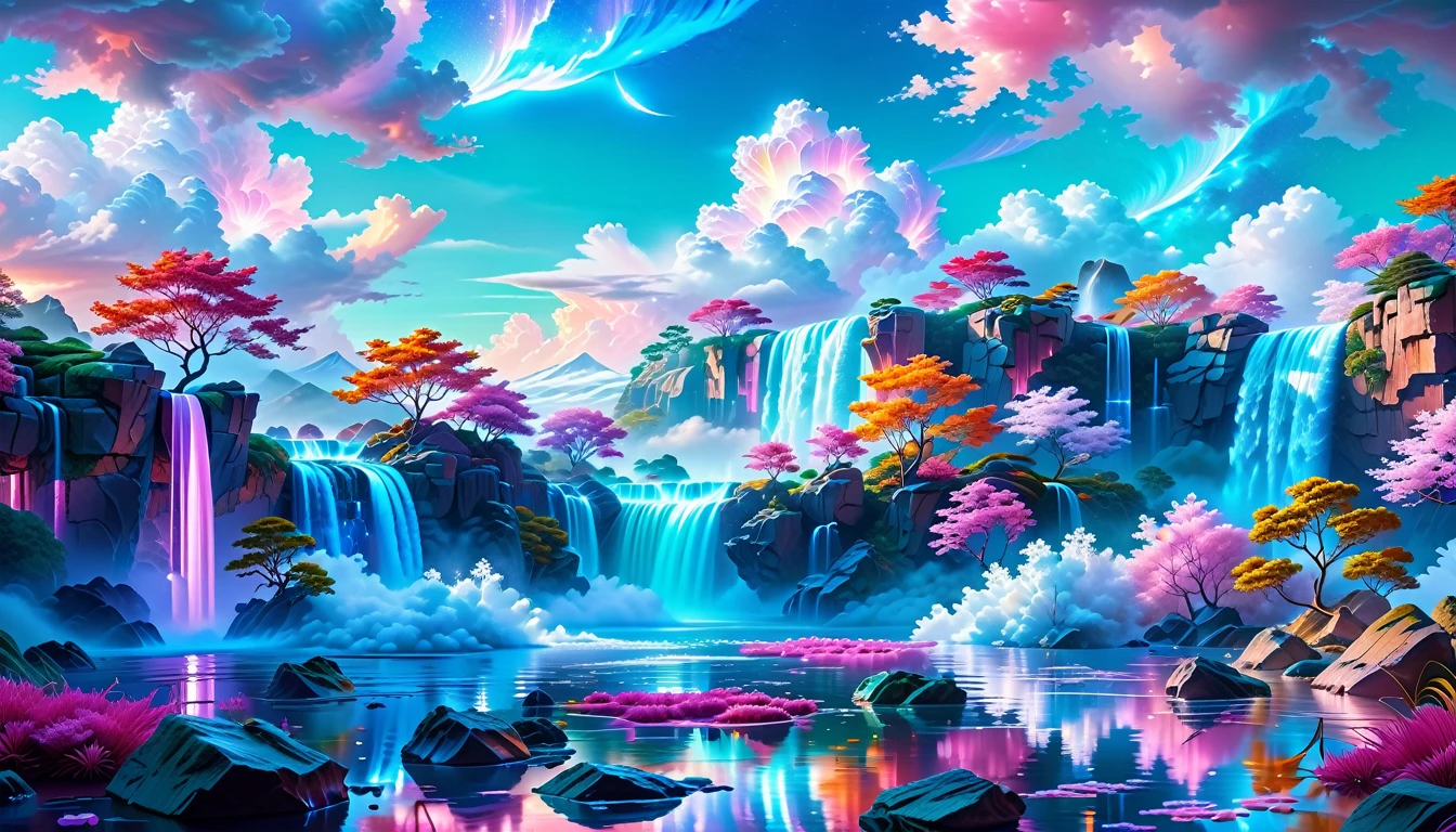 A Masterpiece In 32K Resolution: Supreme Quality, Super Detail, Official Art, Very High-Resolution 32K Wallpaper, Beautiful And Aesthetic, Ultra-Detailed Features, Awe-Inspiring Detail. Visualize A Captivating Realm Steeped In Romantic Dreams, Where Reality Merges With Fantasy. The Landscape Features Intricately Designed Floating Islands, Adorned With Fluffy Clouds And Shimmering Waterfalls That Cascade Gracefully From Their Edges. The Atmosphere Radiates A Vibrant, Surreal Quality, Enveloping Viewers In A Sense Of Wonder And Tranquility. Rich Shades Of Pink Dominate The Scene, Harmoniously Blended With An Array Of Vibrant Jewel Tones, Creating A Mesmerizing Palette. This Anime-Style Illustration Will Boast Soft Lines And Pastel Colors, Infused With A Whimsical Charm. Each Building Is Exquisitely Detailed And Elegant, Reflecting The Ethereal Beauty Of This Dreamlike Realm. The Artwork Should Evoke A Feeling Of Harmony, Offering An Escape From The Mundane World. Incorporate Crystalline Teal Waters, Colorful Watercolor Skies, And Glowing Elements That Illuminate The Landscape. Delve Into A Myriad Of Small Fantasy Details, Such As Iridescent Accents And Expertly Crafted Majestic Vistas, Sprinkled With Shimmer And Glimmer. Above All, This Piece Should Embody The Essence Of Fantasy Art, Inviting Viewers Into A Mesmerizing Escape.