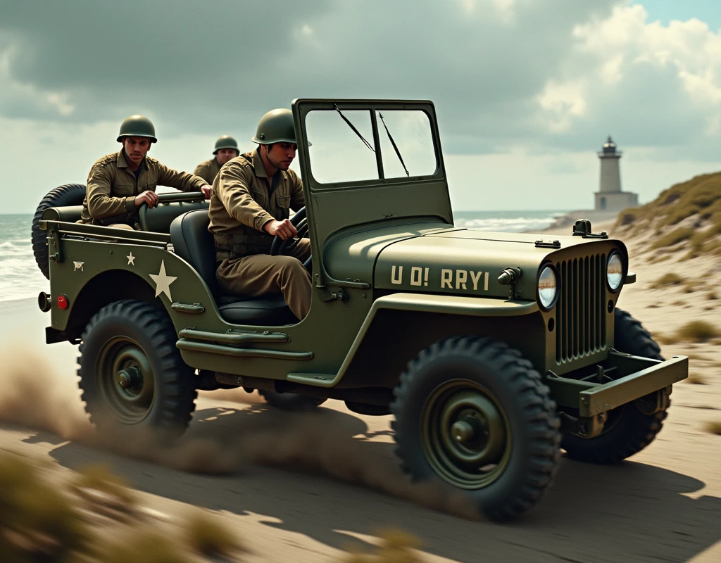 Photograph of a jeep from the 1950s, a soldier and a flower vendor girl, faded color photo, 