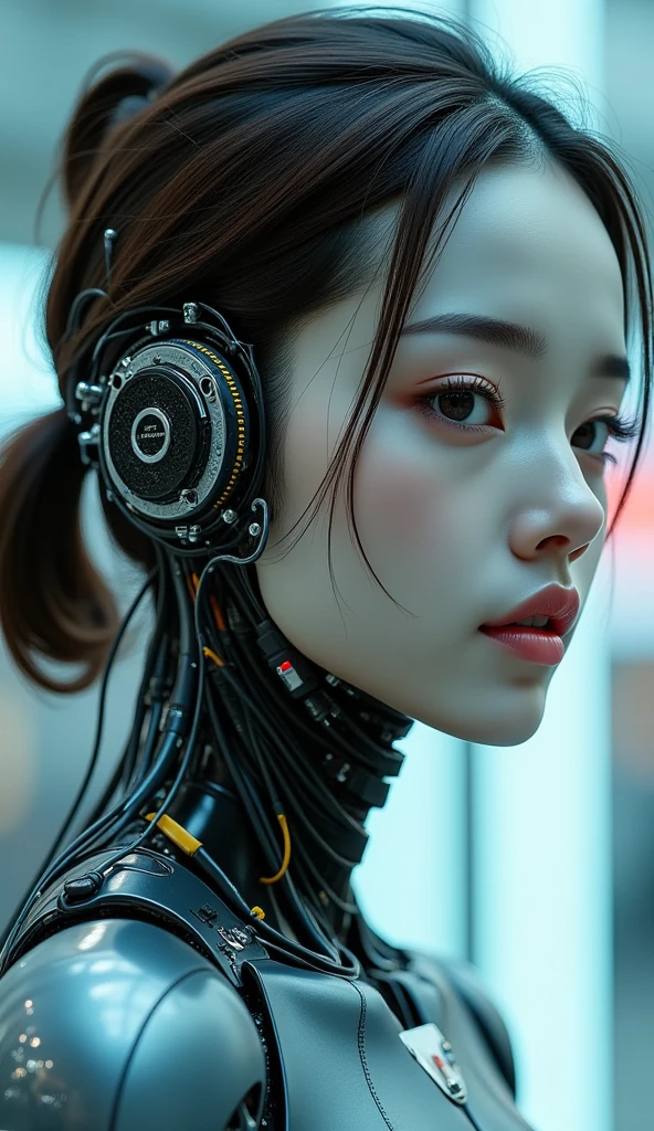 Perfect composition, Proper placement, Upper Body Shot, glowing skin, Sharp focus, A woman with numerous cables protruding from the side of her head:1.8, Semiconductor circuit built into the side of the head:1.8, Exquisite digital art, Complex Transhumanism, Exquisite digital artwork, Android Japanese Woman, Exquisite digital art, Chika Android Japanese Female, Cyborg Japanese Woman, Detailed portrait of a cyborg, Hydraulic tubes are attached to the joints, Futuristic Art, Exquisite digital art, Complex Android, Exquisite digital painting, Beautiful Android Pictures., Cyborg Japanese Woman, Brown Hair, Low Ponytail, Dynamic and emotional movie lighting, 