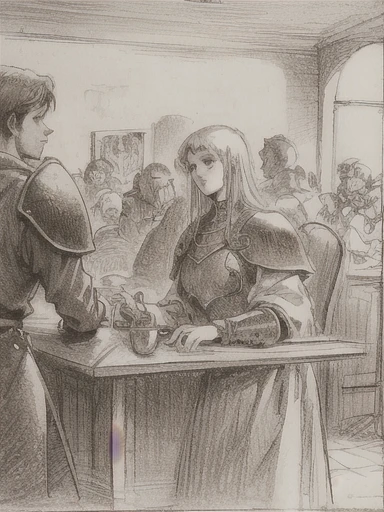 (masterpiece, highest quality, very detailed: 1.5), (portrait, on), black and white, ((sepia)), ((pencil drawing)), fantasy, medieval europe, art nouveau, western painting, large crowd, man and woman chatting at a bar counter, leather armour, plate mail, ((several nobles)), warrior, dwarf, wizard, traditional media