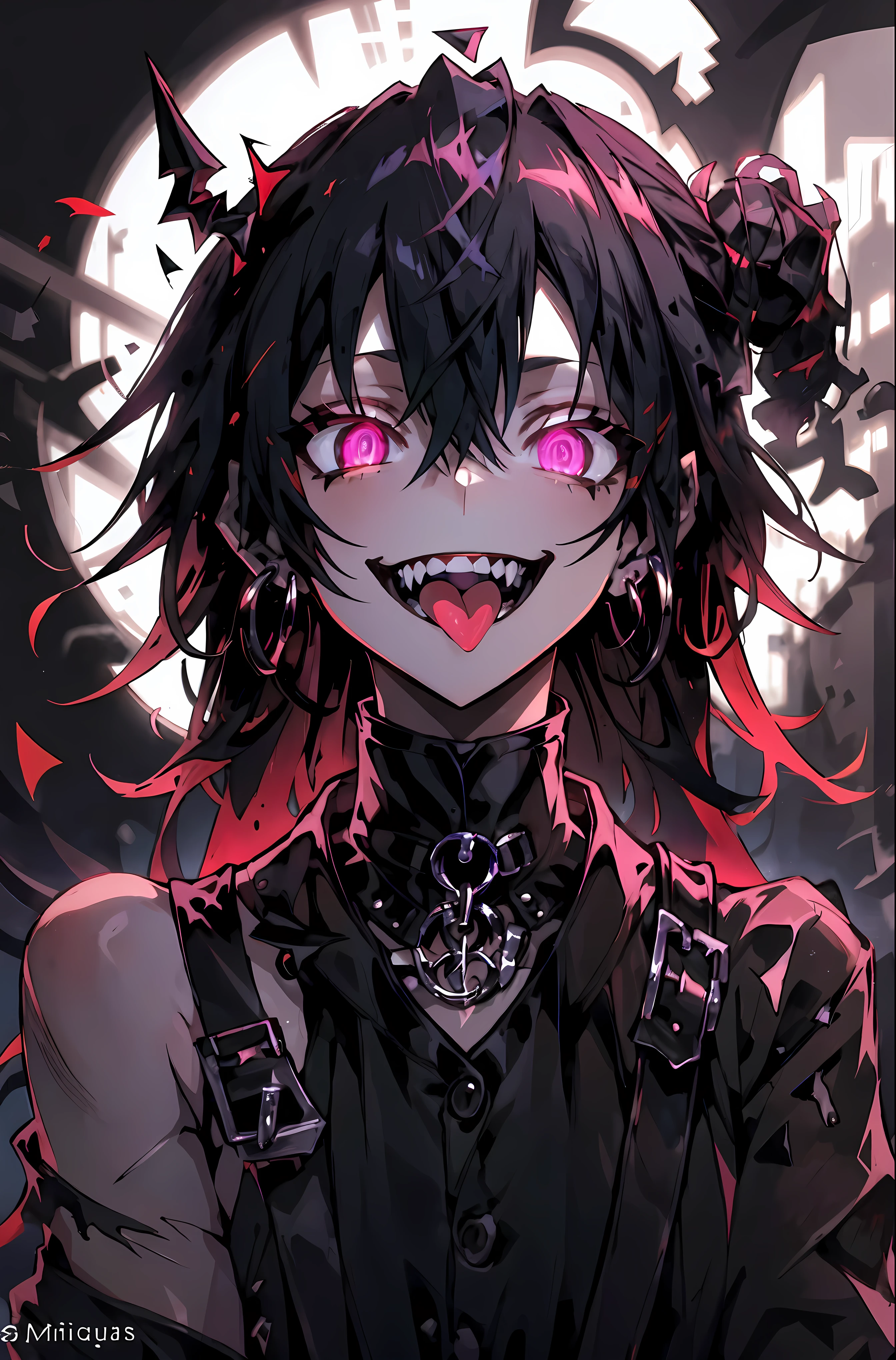 (ultra detailed), (masterpiece), (Better quality), (depth of field), (sharp focus), (cinematic lighting), (vibrant colors),   1 girl, crazy smile, fangs, tongue out, bright eyes, gothic style, dark makeup, black tattoos, silver piercings, psychopath,