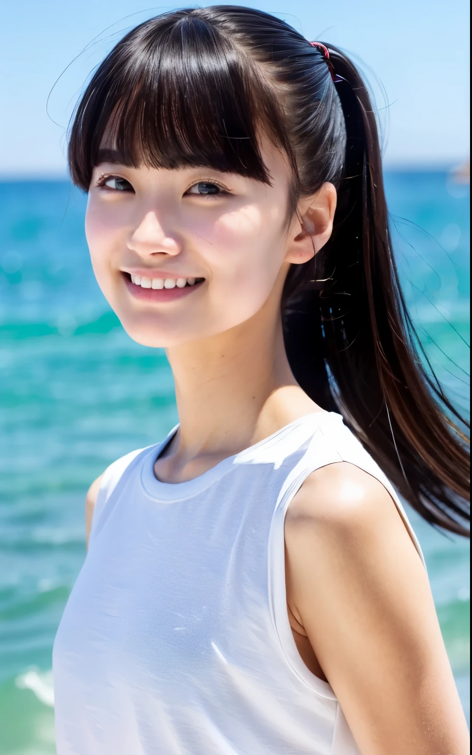 A medium shot anime portrait of a happy brunette anime woman, a single short ponytail, parted hair, bare forehead, blue-eyed, blue eyes, big nose, gums, with large breasts, wearing a t-shirt, solid background, by Stanley Artgerm Lau, WLOP, Rossdraws, James Jean, Andrei Riabovitchev, Marc Simonetti, and Sakimi chan, trending on artstation
