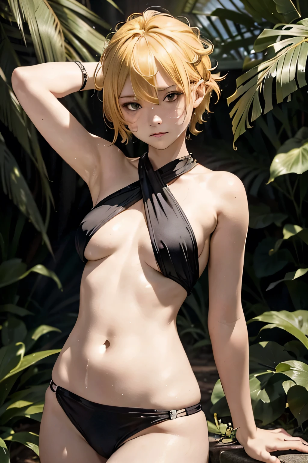 (Very detailed, Full HD, 4K, Realistic), Full body of a 30-year-old woman, Sunburned skin, Short yellow hair, Black Eyes. Very small breasts, Flat stomach、One piece black swim suit