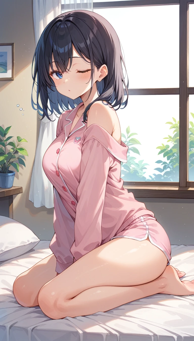 A slender and healthy 1 Japanese woman with a large bust, fair and translucent skin, and beautiful facial features. She has shiny, medium-length black hair. She is waking up, stretching while getting out of bed, wearing pale pink pajamas in a cozy room with morning sunlight streaming in through the window. The room is cute and charming. The image is in ultra-high definition, 8K, with a photo-realistic quality, capturing every detail vividly.