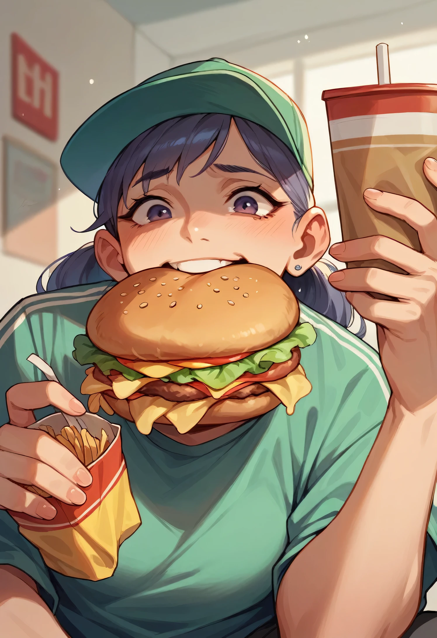 HOT fries, vintage ICE splesh soda and crazy sliced lettuces and tomatoes with black gears gradient background with a cool and powerful engine chrome details in metal, sliced oranges and lemons hyper details realistic liquid splesh neon highlighting the word """FOOD DRINK """ at the top neon 4k resolution
