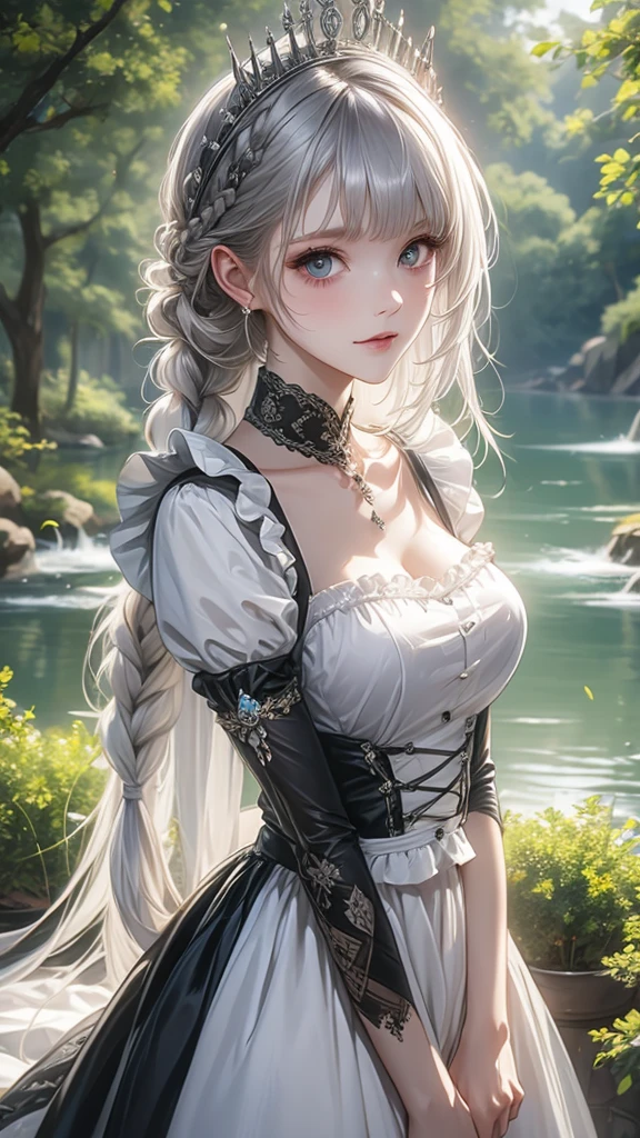 (best quality,highres,ultra-detailed:1.2),a woman with a blood-stained huge axe, disheveled hairstyle, long braids, a woman with dyed white hair, 28 years old, wearing a black short-sleeved dress, White lace at the hem., alluring atmosphere, charming, beautiful, a pool of blood at her feet