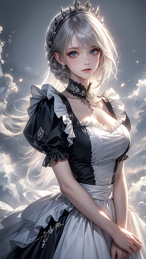 1 woman, high resolution, masterpiece, Long hair, Asymmetrical bangs, Low
, maid big breasts(d), Crown Braid, White hair, 