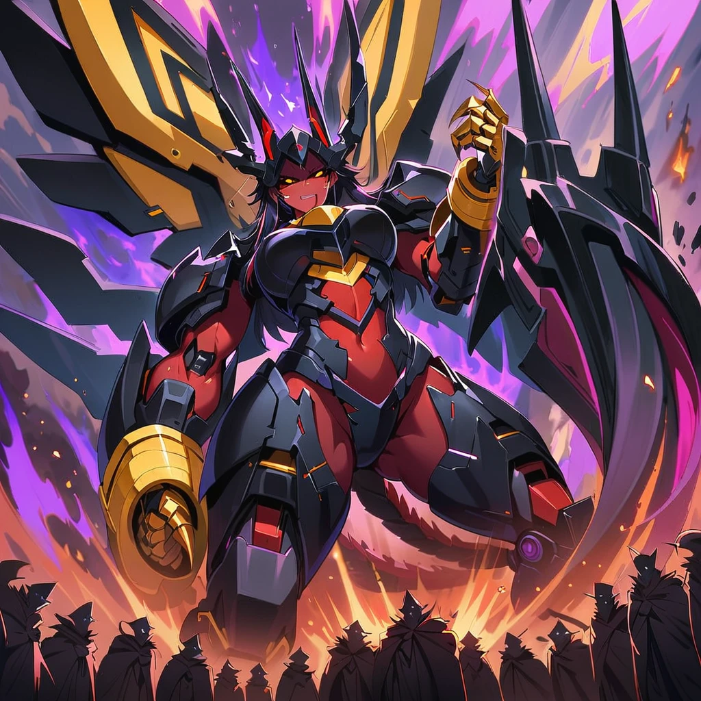 Anime, high detailed, multiple womans, mature womans, black ebony mecha armor, large mechanical wings, evil grin, large clawed Gauntlet, red skin, curvy body, long mechanical tail,black sclera、Colored sclera、crimson Colored skin、Yellow Eyes, elongated pupils,  Mature Woman、Black-purple aura、womans surrounding