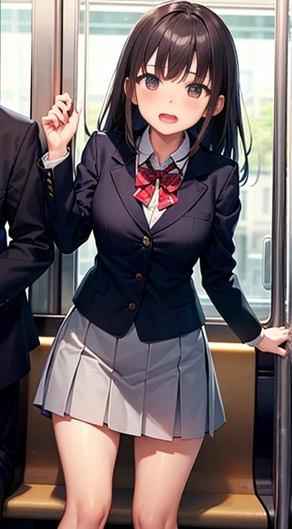 uniform、blazer、(((Panty shot)))、Beautiful Girl Magician、Black Hair Updo、((whole body))、(((Photo taken from below)))、school gate