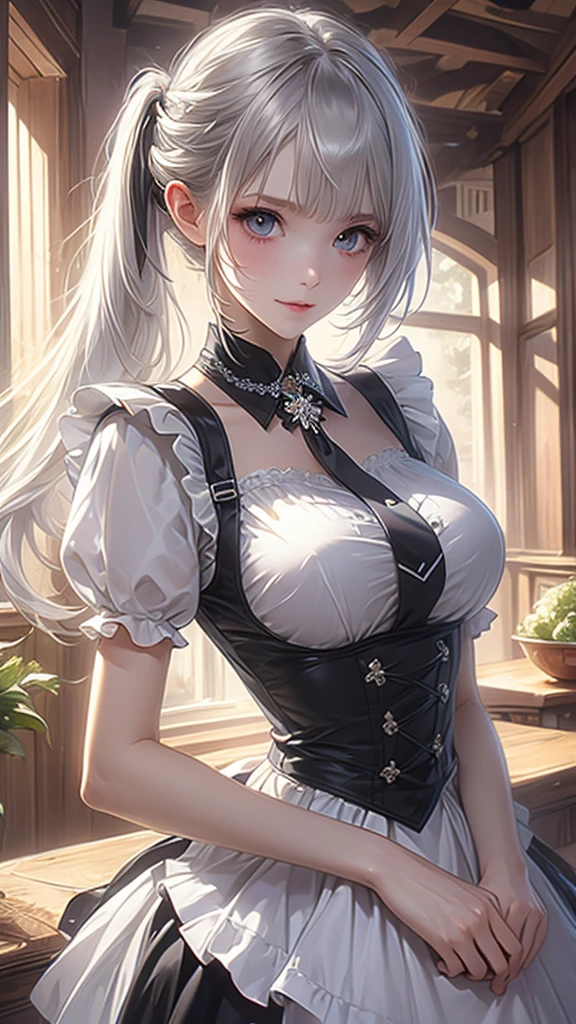 Deer Girl, ((without antlers)) Gentle, ((white colored hair)) ((Eat a cute reindeer tail)) Long Beautiful Hair, ((Beautiful and detailed face)), Charming, Kind expression on his face, Facing the camera, ((Skin color: white)), Body glare, ((Clear and detailed eyes)), ((Beautiful Female Eyes)), ((green colored eyes)), ((Perfect Sexy Figure)), ((Ideal body shapes)) ((Detailed hands)), big thighs, ((Subtle and beautiful)), ((sexy clothes: ((White Medieval Dress)) z ((black corset)) and sexy neckline, chocker on neck)), Standing like a servant, background: Modern Kitchen Beautiful House, Depth of field, ((ultra quality)), ((tmasterpiece)), ((clear image)), ((crisp details)), ((Realistic)), ((Professional Photo Session)), ((Clear Focus)), the anime, ((Colorfully drawn)), NSFW, ((Stockings)), flirting face