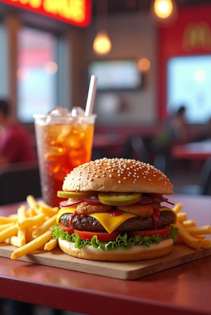 Hamburger with fries and soda