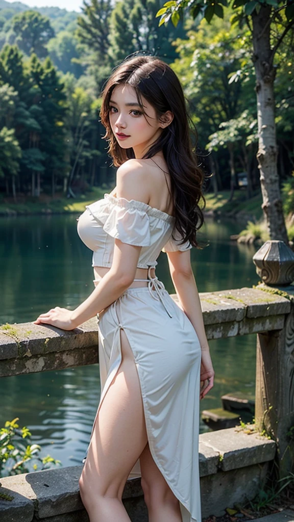 A girl wearing a white dress is bathing in the river, getting wet, having fun, no make-up, countryside scenery, sunset, turning around