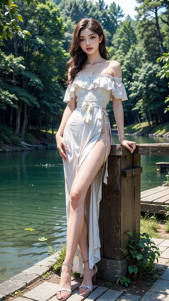 Emma Watson, lingerie blanche mignonne, dans une forêt, mignonne, regarde la caméra, assise sur un tronc d'arbre, petit lac avec une cascade en fond