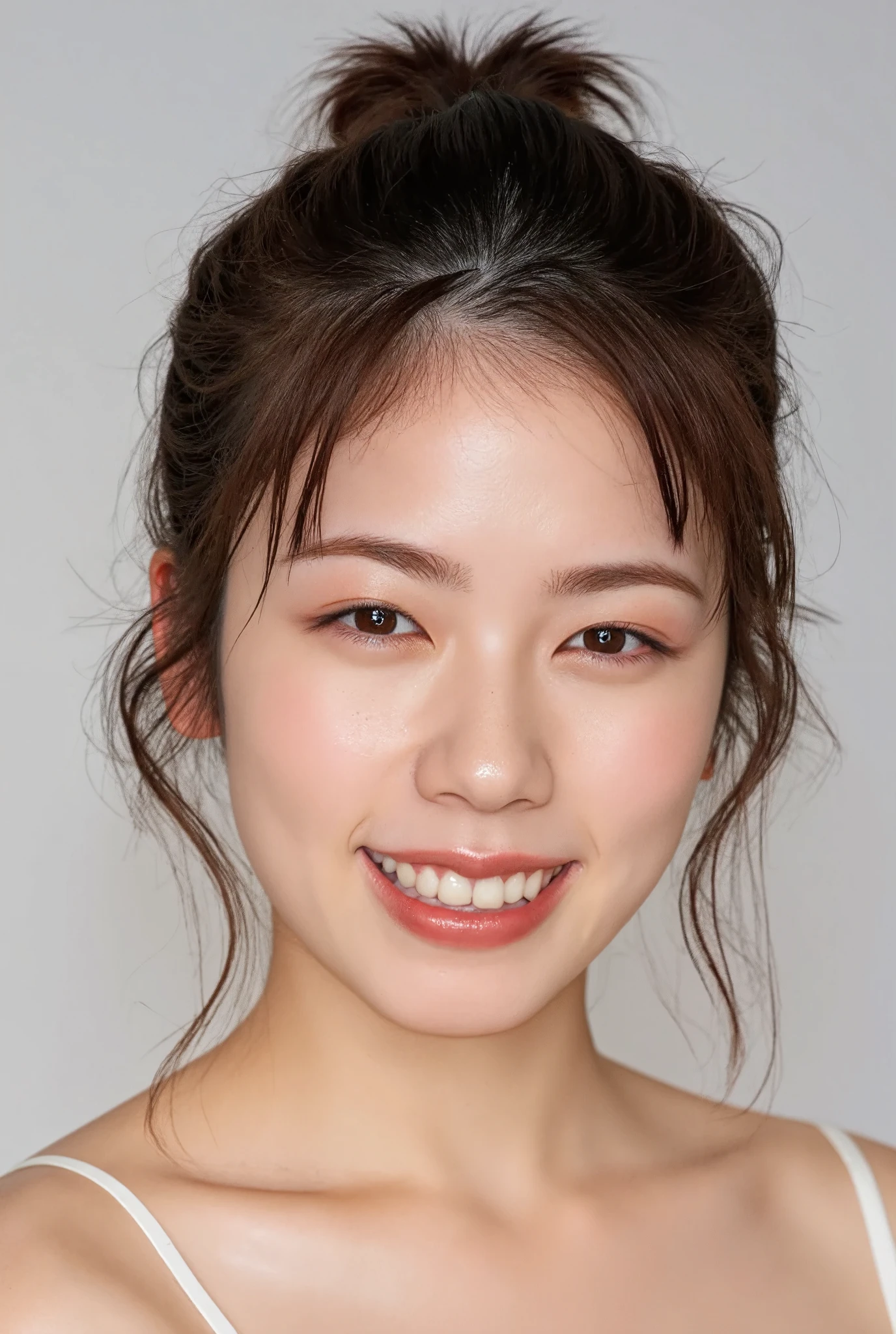 smile, (Ultra-Realistic Skin:1.8), (Light reflection and shadow:1.5), The fine details of the skin are perfectly reproduced.、Pores on cheeks and forehead、Skin wrinkles are clearly depicted (Pore details:1.7), The lighting hits the center of the face.、Creates a soft shadow on the cheeks (Light shadow effect:1.5), The texture of the lips is smooth、The subtle pink sheen is depicted in detail. (Lip Gloss:1.2), The light reflects in the eyes、The iris is sharply drawn、The reflection of the eyes is also expressed realistically. (Eye details:1.5), Hair flows naturally、The background is blurred and the face is emphasized in the foreground (Background blur:1.4)