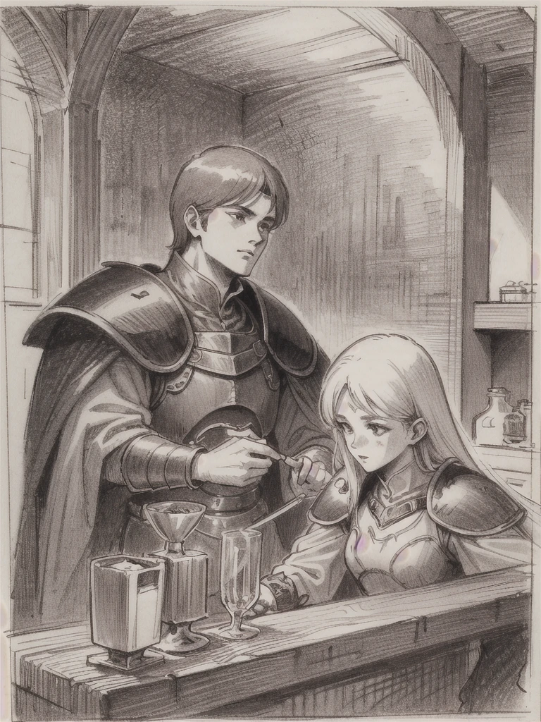 (masterpiece, highest quality, very detailed: 1.5), (portrait, on), black and white, ((sepia)), ((pencil drawing)), fantasy, medieval europe, art nouveau, western painting, large crowd, man and woman chatting at a bar counter, leather armour, plate mail, ((several nobles)), warrior, dwarf, wizard, traditional media