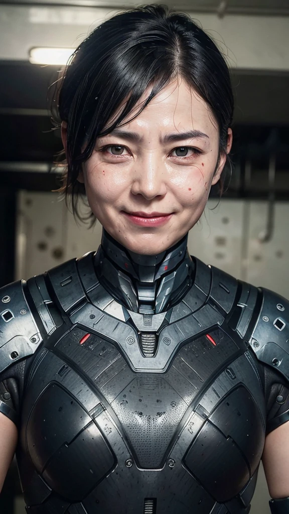 Best Quality　8k (War Machine)　Cyborg middle-aged woman　　Sweaty face　　short hair　　Steam coming out of my head　My hair is wet with sweat　Black Hair　　Full body portrait　Only the face is exposed　smile　