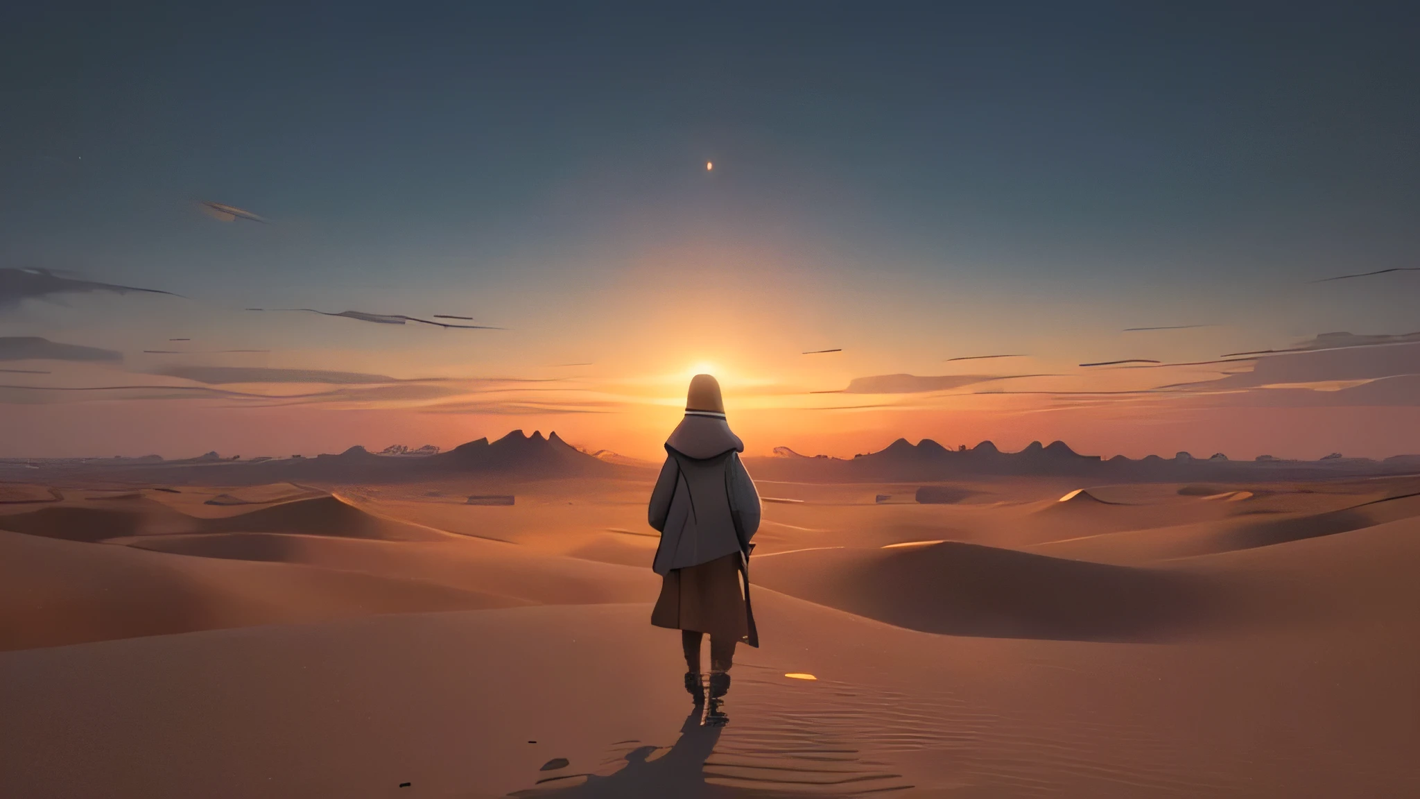 masterpiece, RAW photo, best quality, realistic, photo-realistic, an extremely delicate and beautiful, very serious look, concept art, fantasy, cinematic angle, depth of field, blue sky, daytime, majestic clouds, bedhead hair, a female, 23 years old, traveller, wasteland, Desert, cloak, turban, robe, walking, (sandstorm), face focus, dynamic angle, madeon