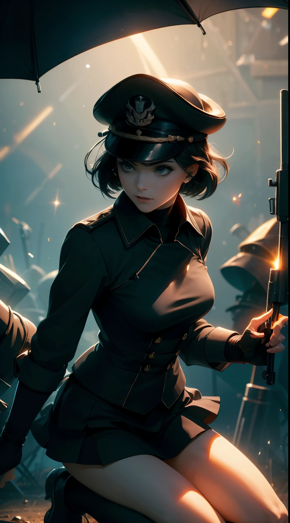 Woman dark bob hair holding stick, general ww2 dark green suits, skirt, dark long stockings, boots, squatting pose, holding a rifle umbrella, general black panties ww2. General black ww2 bra, general ww2 black hats, elegant. tanks and soldiers in the background,red blood element,hd light and dark, balance rendering, HD lighting and dark )<=(epic image quality)dark atmosphere with bright particle light(many effects in background)