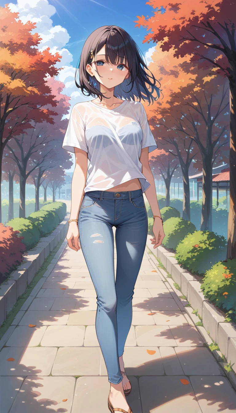 An 1 Japanese woman with a slender and healthy body, fair translucent skin, and beautiful facial features. Her medium-length black hair is flowing in the breeze. She is dressed casually in a white T-shirt and denim pants, walking relaxedly through the city. It's an autumn afternoon, with colorful trees and warm sunlight in the background. The image is in 8K resolution with a realistic and sharp depiction.