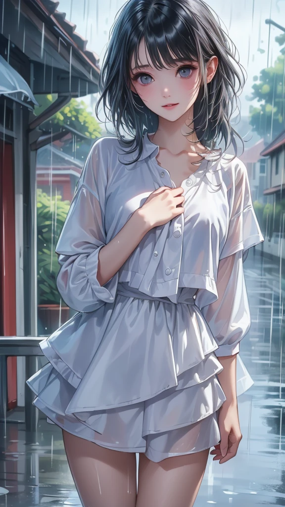 (morning), 1girl, 独奏, 看着观众, winter, cowboy shot, (downtown), cowboy shot, smile, black hair