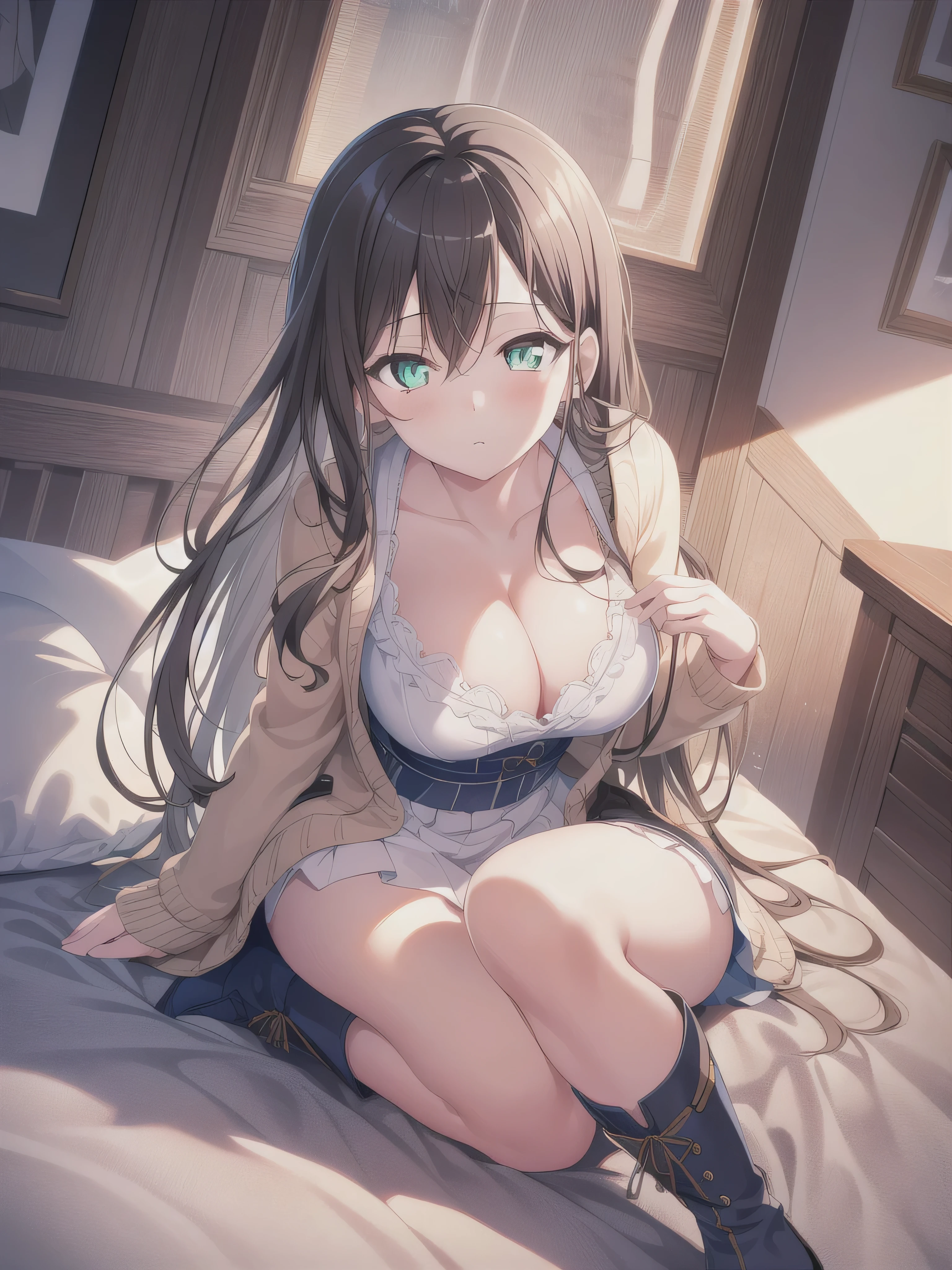 A girl，Black Hair, Long hair, Green eyes:1.5), (Big breasts:1.2),
Rest special short skirt, skirt, White shirt， Seto Fuku,Low-cut，Cardigan，Close your eyes，boots，Cleavage Rest，While looking at the audience,Lie down，
Rest in the bedroom, Bed rest (masterpiece:1.2), Best quality, high resolution, unity 8k wallpaper, (illustration:0.8), (Beautiful and delicate eyes:1.6), Extremely detailed face, Perfect lighting, Extremely detailed CG, (Perfect hands, Perfect anatomical structure),