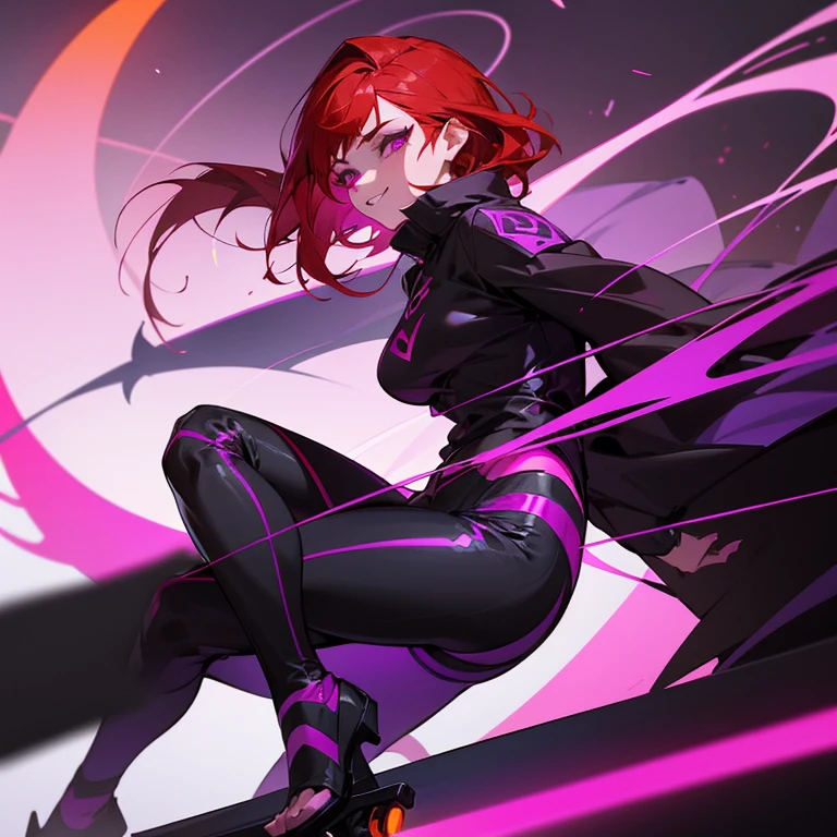 Chica de pelo rojo cubriendo sus ojos con su pelo, with very large breasts and a small waist and large medium thighs with a purple shirt and a pink jacket with a low-cut chest, y una falda de color rosa, y unos tacones negros