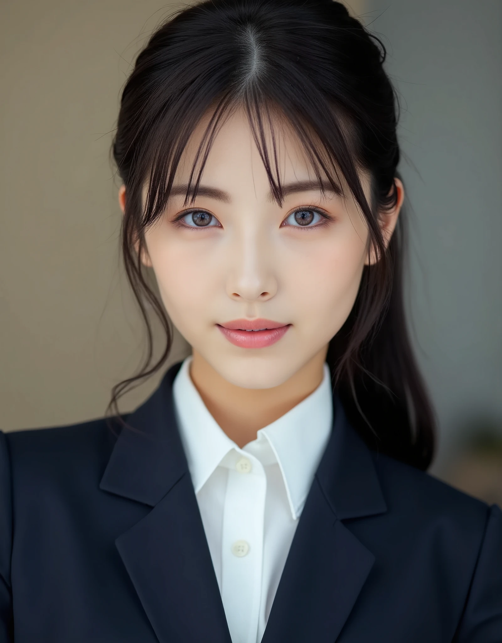 8k, Ultra-high resolution, Highest quality, masterpiece, Photograph by the Tripartite Method,Surreal, photograph, 1 Girl, (:1.3), pretty girl, Cute face, Beautiful eyes in every detail, detailed in,masterpiece,One Girl:1.2, Japan Female Announcer,Tabletop,glare,Black Hair,Slicked back hair,Blazer Uniform,White collared blouse,The chest buttons are open,Sharp focus、Perfect dynamic composition、Beautiful and detailed、Thin Hair、Realistic skin texture with attention to detail、smile、Close-up portrait、Model Body Type,Looking at the audience、beauty,Long neck、(((Ideal body type))),A-cup small breasts :2,、Portraiture:2、Perfect Anatomy、detailed、detailed、Surreal、Light and shadow,Strong light