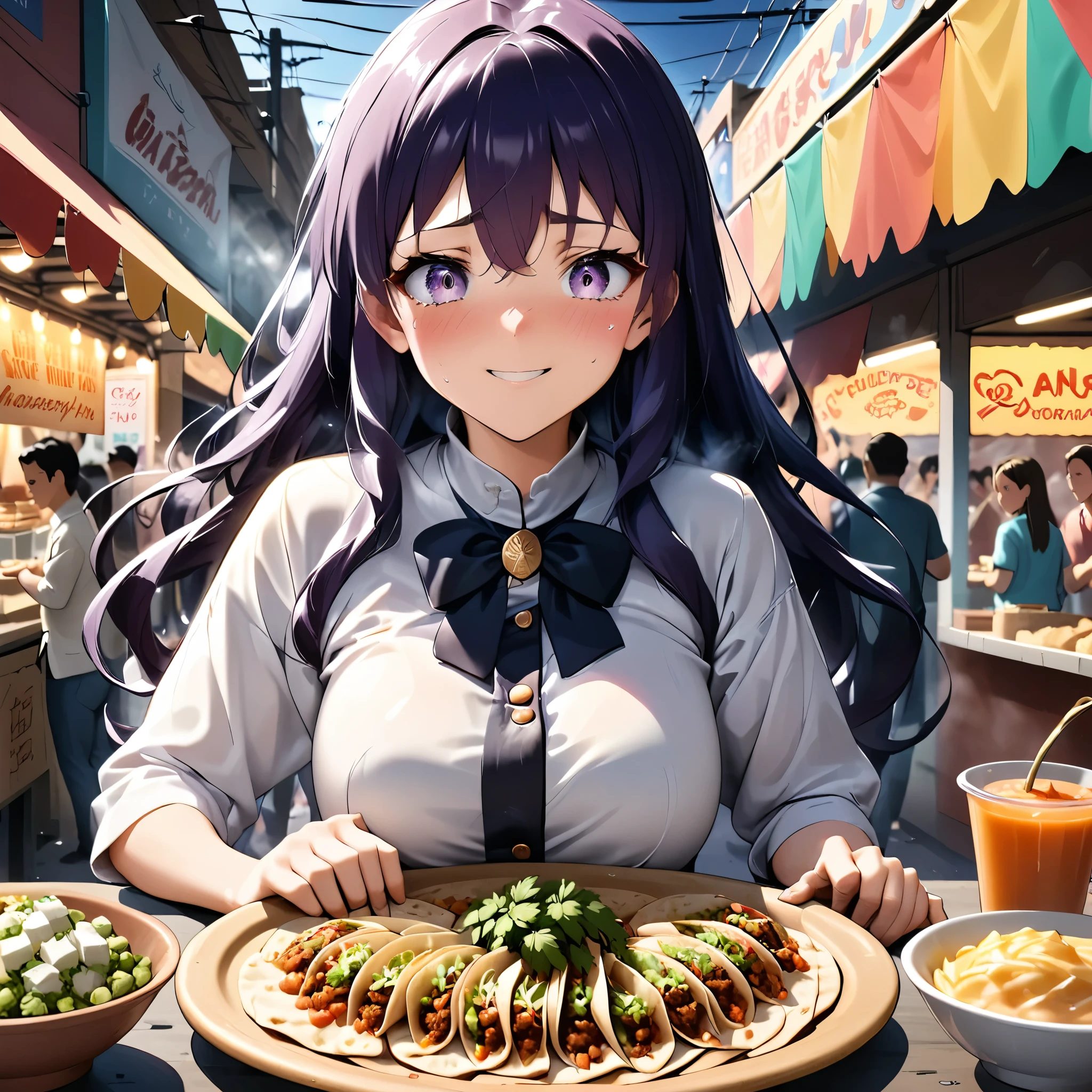 masterpiece, super intricate ANIME TYPE, best quality, expressive eyes, 1girl, perfect face, purple hair, long hair, misato katsuragi, full body, hyperdetailed clothing, looking at you, beautiful detailed eyes, extremely detailed CG unity 8k wallpaper best shadow, an extremely delicate and beautiful, big sparkling eyes, moe, cinematic lighting, volumetric photo illustration, 64k resolution, high res, intricately detailed complex key visual, creates a vibrant scene in a busy street market in Mexico. In the center of the image, a young, smiling girl with long hair and a colorful blouse stands behind a taco stand. The stall is decorated with bunting and bright lights. She's serving tacos in freshly made tortillas, with a variety of fresh ingredients around them: carne asada, cilantro, onion, and colorful sauces. The aroma of tacos wafts through the air, drawing in customers. In the background, you can see people enjoying their food, laughing and talking. Capture the energy, colors and joy of this culinary experience.