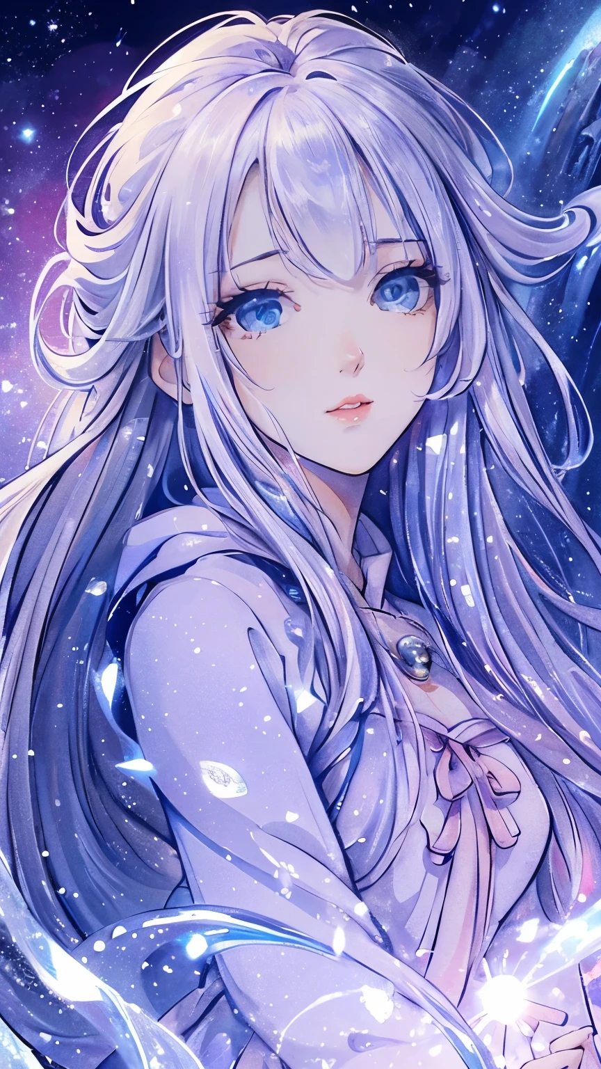 ((best quality)), ((masterpiece)), (detailed), une fille, visage parfait, Longhaire, ((golden hair)), curly hair, decorated cheveux, ultramarine blue eyes, ((((Bellissima, alta definizione, ultra alta risoluzione)))), 1girl, sitting, (long, wavy silver hair), pale skin, ((sparkling azure eyes)), ((starry eyes)), (((detailed face, striking features:0.9))), ((close up)), (indoor, evening, surrounded by stars:0.85)), small breasts, holding a star orb, ((calm expression)), ((perfect hands, delicate fingers)), (((head, upper body view, legs crossed, seated position))), wearing a flowing white robe with star patterns, ((long white gloves)), luminous aura, beautiful lighting, indoors, mystical atmosphere, background, ((defined subject)), 27 years old, (looking at a star map), (((warm))), ((serene)), (((high contrast, starburst effect)))