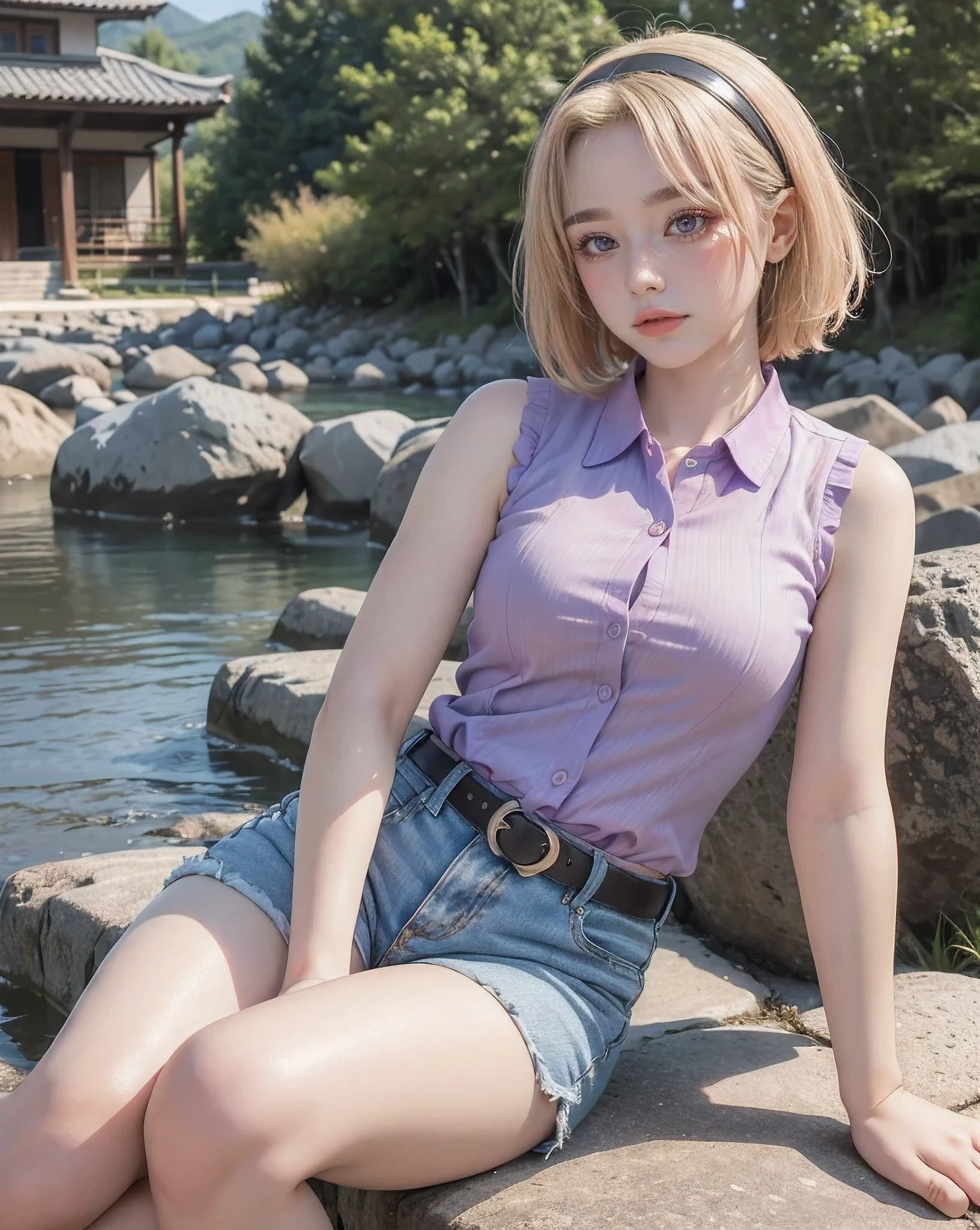 1 woman, mature woman, solo, NOT DASHA TARAN, full body standing, perfect body, best quality, 32k, photograph, full body (head to toe), tone mapping, ((houjou satoko,short hair,black hairband,blonde hair,violet eyes,hair between eyes,collared shirt,sleeveless shirt,pink shirt,shirt tucked in,mid sized breasts,belt,short shorts,blue shorts,white socks,pink footwear, athletic, big woman)), asian-european, ((golden blonde hair, short hair, purple eyes)) perfectly drawn hands, ((masterpiece)), ((highres)), ((detailed background)), japanese village background, next to a river, (big proportions), cute pose, smiling, ((perfect eyes, detailed eyes, realistic eyes)), ((sharp face, detailed face, realistic face, natural skin, realistic skin, detailed skin, pores)),
