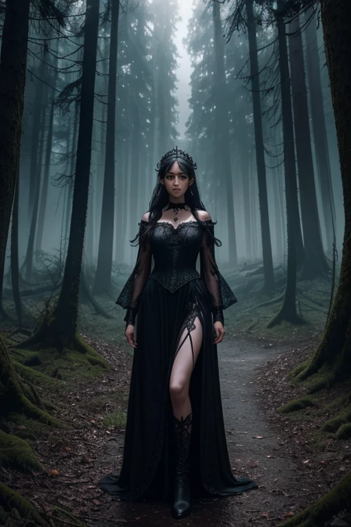 A terrifying cinematic scene where giant spiders are wrapping a woman in their webs. The woman, with a look of horror and helplessness on her face, is entangled in thick, sticky web strands, struggling to escape. The enormous spiders, dark and menacing, loom over her, their long legs and sharp fangs glistening in the dim, eerie light. The environment is shadowy and cold, resembling an abandoned cave or a dark, ancient forest, enhancing the feeling of dread. The atmosphere is thick with tension, evoking a horror movie setting.
