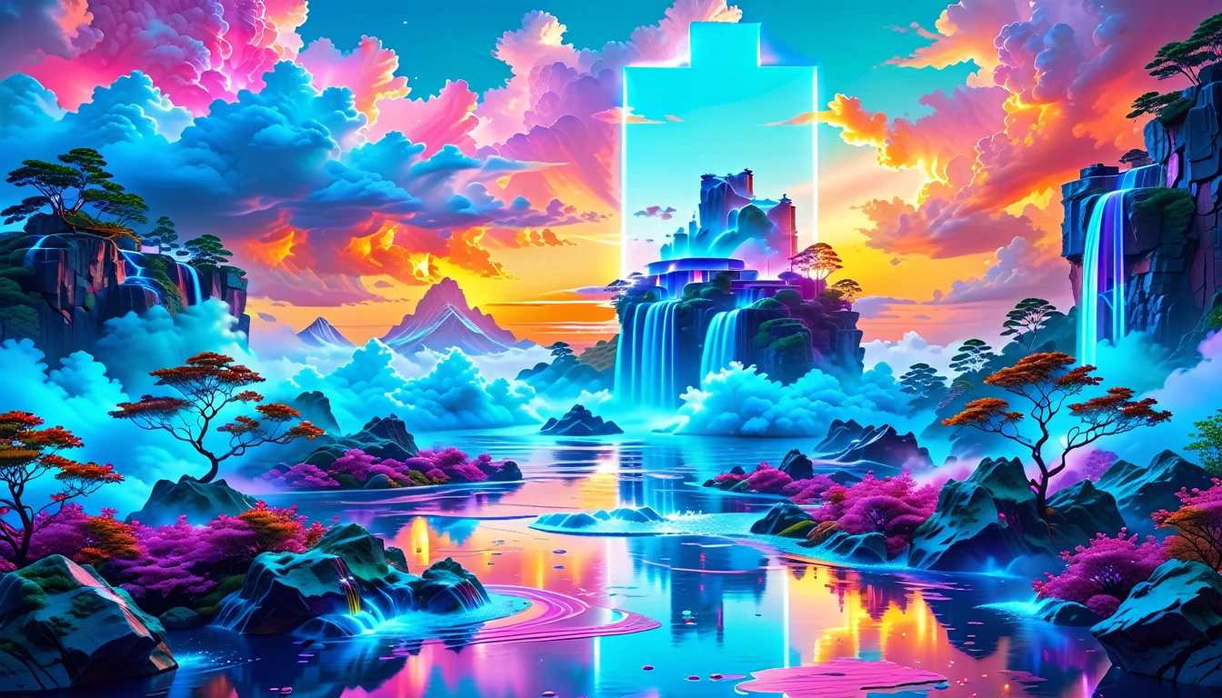 A Masterpiece In 32K Resolution: Supreme Quality, Super Detail, Official Art, Very High-Resolution 32K Wallpaper, Beautiful And Aesthetic, Ultra-Detailed Features, Awe-Inspiring Detail. Visualize A Captivating Realm Steeped In Romantic Dreams, Where Reality Merges With Fantasy. The Landscape Features Intricately Designed Floating Islands, Adorned With Fluffy Clouds And Shimmering Waterfalls That Cascade Gracefully From Their Edges. The Atmosphere Radiates A Vibrant, Surreal Quality, Enveloping Viewers In A Sense Of Wonder And Tranquility. Rich Shades Of Pink Dominate The Scene, Harmoniously Blended With An Array Of Vibrant Jewel Tones, Creating A Mesmerizing Palette. This Anime-Style Illustration Will Boast Soft Lines And Pastel Colors, Infused With A Whimsical Charm. Each Building Is Exquisitely Detailed And Elegant, Reflecting The Ethereal Beauty Of This Dreamlike Realm. The Artwork Should Evoke A Feeling Of Harmony, Offering An Escape From The Mundane World. Incorporate Crystalline Teal Waters, Colorful Watercolor Skies, And Glowing Elements That Illuminate The Landscape. Delve Into A Myriad Of Small Fantasy Details, Such As Iridescent Accents And Expertly Crafted Majestic Vistas, Sprinkled With Shimmer And Glimmer. Above All, This Piece Should Embody The Essence Of Fantasy Art, Inviting Viewers Into A Mesmerizing Escape.